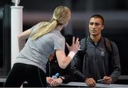 26 February 2014; Ashton Eaton, right, and Brianne Theisen Eaton during the AIT International Arena Grand Prix. Athlone Institute of Technology International Arena, Athlone, Co. Westmeath. Picture credit: Stephen McCarthy / SPORTSFILE