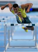 26 February 2014; Alex Al-Ameen on his way to winning the men's 60m hurdles event during the AIT International Arena Grand Prix. Athlone Institute of Technology International Arena, Athlone, Co. Westmeath. Picture credit: Stephen McCarthy / SPORTSFILE