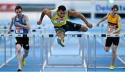 26 February 2014; Alex Al-Ameen on his way to winning the men's 60m hurdles event during the AIT International Arena Grand Prix. Athlone Institute of Technology International Arena, Athlone, Co. Westmeath. Picture credit: Stephen McCarthy / SPORTSFILE