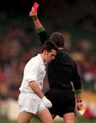 11 April 1999; Ken Doyle of Kildare is shown a red card by referee Michael Curley during the Church and General National Football League Quarter-Final match between Dublin and Kildare at Croke Park in Dublin. Photo by Damien Eagers/Sportsfile