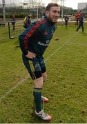 27 February 2014; Munster's JJ Hanrahan stretches before squad training ahead of their Celtic League 2013/14, Round 16, game against Scarlets on Saturday. Munster Rugby Squad Training, Cork Institute of Technology, Bishopstown, Cork. Picture credit: Diarmuid Greene / SPORTSFILE