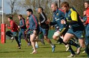 27 February 2014; Munster players including Gerry Hurley, Ivan Dineen, Kevin O'Byrne, Simon Zebo, Billy Holland, and Stephen Arcer warm up during squad training ahead of their Celtic League 2013/14, Round 16, game against Scarlets on Saturday. Munster Rugby Squad Training, Cork Institute of Technology, Bishopstown, Cork. Picture credit: Diarmuid Greene / SPORTSFILE