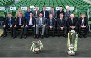 28 February 2014; Republic of Ireland manager Martin O'Neill with SSE Airtricity League managers and assistant managers, back row left to right, John Gill, assistant manager Shamrock Rovers, Ollie Horgan, Finn Harps manager, Owen Heary, Bohemian FC manager, Tommy Dunne, Galway FC manager, Robbie Horgan, Drogheda United manager, Colin Hawkins, Shamrock Rovers first division manager and Shane Keegan, Wexford Youths FC manager, front row left to right, Tommy Griffin, Waterford United manager, Ian Baraclough, Sligo Rovers manager, Roddy Collins, Derry City manager, Alan Mathews, Bray Wanderers manager, Liam Buckley, St.Patrick's Athletic manager, Mick Cooke, Athlone Town manager and Stephen Kenny, Dundalk FC manager, in attendance at the 2014 SSE Airtricity League Launch. Aviva Stadium, Lansdowne Road, Dublin. Picture credit: David Maher / SPORTSFILE