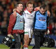 28 February 2014; Luke Marshall, Ulster, leaves the field with an injury accompanied by team physiotherapist Alan McCaldin, left, and Dr. Michael Webb. Celtic League 2013/14, Round 16, Ulster v Newport Gwent Dragons. Ravenhill Park, Belfast, Co. Antrim. Picture credit: Oliver McVeigh / SPORTSFILE