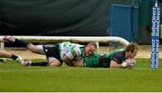 1 March 2014; Fionn Carr, Connacht, scores his side's first try despite the efforts of Joe Van Niekerk, Benetton Treviso. Celtic League 2013/14, Round 16, Connacht v Benetton Treviso, The Sportsground, Galway. Picture credit: Diarmuid Greene / SPORTSFILE