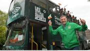 27 May 2016; Pictured are Ireland fans with Irish footballing legend John Aldridge, on the Life Style Sports Open Top Supporters Bus, with thanks to Umbro arriving at Aviva Stadium, Dublin.  Photo by Cody Glenn/Sportsfile