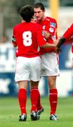 8 August 2005; Stuart Byrne, left, Shelbourne, celebrates with team-mate Colin Hawkins after scoring his sides second goal. eircom League, Premier Division, Shelbourne v Drogheda United, Tolka Park, Dublin. Picture credit; David Maher / SPORTSFILE
