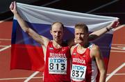 12 August 2005; Russias Sergey Kirdyapkin with second placed team-mate Aleksey Voyevodin, right, celebrates after winning the Men's 50k Race Walk event. 2005 IAAF World Athletic Championships, Helsinki, Finland. Picture credit; Pat Murphy / SPORTSFILE