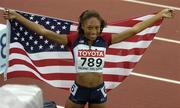 12 August 2005; Alyyson Felix, USA, celebrates after victory in the Women's 200m Final. 2005 IAAF World Athletic Championships, Helsinki, Finland. Picture credit; Pat Murphy / SPORTSFILE