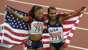 12 August 2005; Allyson Felix, USA, celebrates with team-mate Rachelle Boone-Smith, right, after victory in the Women's 200m Final. 2005 IAAF World Athletic Championships, Helsinki, Finland. Picture credit; Pat Murphy / SPORTSFILE