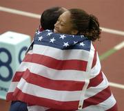 12 August 2005; Allyson Felix, USA, celebrates with team-mate Rachelle Boone-Smith, left, after victory in the Women's 200m Final. 2005 IAAF World Athletic Championships, Helsinki, Finland. Picture credit; Pat Murphy / SPORTSFILE