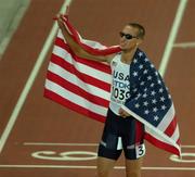 12 August 2005; Jeremy Wariner, USA, celebrates after victory in the Men's 400m Final. 2005 IAAF World Athletic Championships, Helsinki, Finland. Picture credit; Pat Murphy / SPORTSFILE