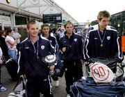 8 August 2005; Republic of Ireland U.17 Internationals, left to right, Karl Byrne, Connor Murphy, Stephen Lawless and Killian Sheridan, on their arrival at Dublin Airport following their victory in the Nordic Cup Championship Final in Iceland. Dublin Airport, Dublin. Picture credit; David Maher / SPORTSFILE