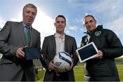 4 March 2014; Official betting partners of the FAI, social betting company, BragBet have today launched a new fundraising initiative for soccer clubs nationwide. Pictured at the launch are Republic of Ireland Manager Martin O'Neill, right, with FAI Chief Executive John Delaney, left, and Phil Riordan, CEO of Bragbet. Gannon Park, Malahide, Co. Dublin. Picture credit: David Maher / SPORTSFILE