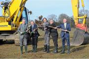 3 March 2014; The FAI today announced the start of work on the first phase of its National Training Centre on the National Sports Campus. Pictured at the announcement are, from left, FAI Chief Executive John Delaney, Republic of Ireland Manager Martin O'Neill, Leo Varadkar TD, Minister for Transport, Tourism and Sport, Brendan Bermingham, Chairman of the Board of Directors of the DDSL, and Sean Benton, Chairman of the National Sports Campus Development Agency. National Sports Campus, Abbotstown, Co. Dublin. Picture credit: Pat Murphy / SPORTSFILE