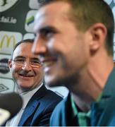 4 March 2014; Republic of Ireland manager Martin O'Neill and captain John O'Shea during a press conference ahead of their International Friendly against Serbia on Wednesday. Republic of Ireland Press Conference, Grand Hotel, Malahide, Co. Dublin. Picture credit: David Maher / SPORTSFILE