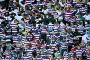 4 March 2014; Clongowes Wood College SJ supporters celebrate their side's third try of the game. Beauchamps Leinster Schools Senior Cup, Semi-Final, St. Andrew’s College v Clongowes Wood College SJ, Donnybrook Stadium, Donnybrook, Dublin. Picture credit: Barry Cregg / SPORTSFILE