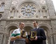 15 August 2005; Sean McMahon, Clare hurler, right, and Paddy Bradley, Derry footballer, who were presented with the Vodafone Player of the Month awards for the month of July outside St Teresa's Church, Clarendon St, Dublin. Picture credit; Damien Eagers / SPORTSFILE