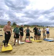 8 October 2003; Members of the Ireland squad, from left, Brian O'Driscoll, Keith Wood, Frank Sheahan, Simon Easterby, Alan Quinlan, Mike McGurn, Girvan Dempsey, Kevin Maggs and Donnacha O'Callaghan prepare to go surfing on Shelly Beach during a rest day from training. 2003 Rugby World Cup, Shelly Beach, New South Wales, Australia. Picture credit; Brendan Moran / SPORTSFILE *EDI*