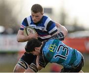 7 March 2014; Cormac Blake, Crescent College Comprehensive, is tackled by John Fox, Castletroy College. SEAT Munster Schools Senior Cup Semi-Final, Crescent College Comprehensive v Castletroy College, Old Crescent RFC, Rosbrien, Limerick. Picture credit: Diarmuid Greene / SPORTSFILE