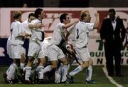 22 August 2005; UCD players celebrate after Robert Martin had scored his sides winning goal, eircom League Cup, Semi-Final, Shelbourne v UCD, Tolka Park, Dublin. Picture credit; Damien Eagers / SPORTSFILE