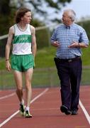 24 August 2005; Richie Yeates, 5000m/10,000m, who received a scholarship to Providence College, Rhode Island, New York, in conversation with Irish Runner editor Frank Greally. Morton Stadium, Santry, Dublin. Picture credit; Brian Lawless / SPORTSFILE