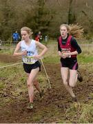 8 March 2014; Rhona Peirce, Skerries CC, left, on her way to winning the Intermediate Girl's 3500m race from eventual second place Clodagh O'Reilly, Loreto College Cavan, during the Aviva All-Ireland Schools Cross Country Championships. Cork IT, Bishopstown, Cork. Picture credit: Diarmuid Greene / SPORTSFILE