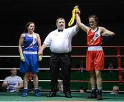 8 March 2014; Kelly Harrington, right, after she won her 64 Kg bout against Moira McElligot. National Senior Women's Boxing Championship Finals, National Stadium, Dublin. Picture credit: Matt Browne / SPORTSFILE