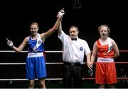 8 March 2014; Ciara Ginty, left, celebrates as she is declared the winner over Katelyn Phelan in their 60 Kg bout. National Senior Women's Boxing Championship Finals, National Stadium, Dublin. Picture credit: Matt Browne / SPORTSFILE