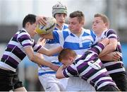 9 March 2014; Alan Francis, Blackrock College, is tackled by Jake Moore, Finn Bolger, 6, and Jack Cadell, right, Terenure College. Beauchamps Leinster Schools Junior Cup Semi-Final, Blackrock College v Terenure College, Donnybrook Stadium, Donnybrook, Dublin. Picture credit: Piaras Ó Mídheach / SPORTSFILE