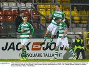 9 March 2014; Ciaran Kilduff, right, Shamrock Rovers, celebrates scoring his side's stoppage time equalising goal with team-mates Ronan Finn, centre, and Rob Cornwall. SSE Airtricity League Premier Division, Shamrock Rovers v Derry City, Tallaght Stadium, Tallaght, Co. Dublin. Picture credit: David Maher / SPORTSFILE