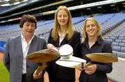 26 August 2005; Two of Camogies star players Caroline Murray, Galway, centre, and Mary O'Connor, Cork, right, who were appointed as Regional Development Co-ordinators with Lynn Kelly, Limerick, who was appointed as National Camogie Development Co-ordinator. Croke Park, Dublin. Picture credit; Pat Murphy / SPORTSFILE