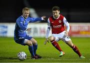 10 March 2014; Mark Quigley, St Patrick's Athletic, in action against John Currie, Ballinamallard United. Setanta Sports Cup Quarter-Final 2nd leg, St Patrick's Athletic v Ballinamallard United, Richmond Park, Dublin. Picture credit: David Maher / SPORTSFILE