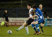 10 March 2014; Patrick Hoban, Dundalk, in action against Howard Beverland, Coleraine. Setanta Sports Cup Quarter-Final 2nd leg, Coleraine v Dundalk, Showgrounds, Coleraine, Co. Derry. Picture credit: Oliver McVeigh / SPORTSFILE