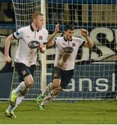 10 March 2014; Dundalk's Patrick Hoban, right, celebrates after scoring his side's first goal. Setanta Sports Cup Quarter-Final 2nd leg, Coleraine v Dundalk, Showgrounds, Coleraine, Co. Derry. Picture credit: Oliver McVeigh / SPORTSFILE