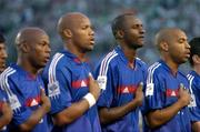7 September 2005; theirry Henry, Patrick Vieira, second from right, Jean-Alain Boumsong, second from left, and Silvain Wiltord, left, France, stand for the national anthem. FIFA 2006 World Cup Qualifier, Group 4, Republic of Ireland v France, Lansdowne Road, Dublin. Picture credit; Brian Lawless / SPORTSFILE