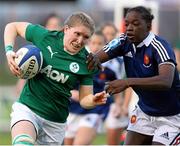 14 March 2014; Heather O'Brien, Ireland, is tackled by Diallo Coumba, France. Women's Six Nations Rugby Championship, France v Ireland, Stade du Hameau, Pau, France. Picture credit: Manuel Blondeau / SPORTSFILE