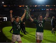15 March 2014; Ireland's Brian O'Driscoll, left, and Rob Kearney celebrates with the trophy following their side's victory. RBS Six Nations Rugby Championship 2014, France v Ireland. Stade De France, Saint Denis, Paris, France. Picture credit: Stephen McCarthy / SPORTSFILE