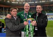 15 March 2014; Ireland captain Paul O'Connell celebrates with former international and Munster teammates Ronan O'Gara, left, and Alan Quinlan. RBS Six Nations Rugby Championship 2014, France v Ireland, Stade De France, Saint Denis, Paris, France. Picture credit: Matt Browne / SPORTSFILE