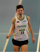 16 March 2014; Kevin Kelly, St. Coca's A.C., Co. Kildare, celebrates after winning the Senior Men's 1,500m final at the Woodie’s DIY Indoor Track and Field League Final. Athlone Institute of Technology International Arena, Athlone, Co. Westmeath. Photo by Sportsfile