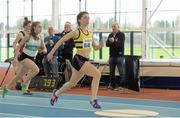 16 March 2014; Shona Lowe, Leevale A.C., Co. Cork, winning the Senior Women's 60m at the Woodie’s DIY Indoor Track and Field League Final. Athlone Institute of Technology International Arena, Athlone, Co. Westmeath. Photo by Sportsfile