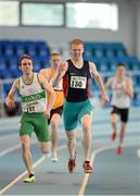 16 March 2014; David McCarthy, right, Le Cheile A.C., Co. Kildare, on his way to winning the Senior Men's 400m ahead of second place Kieran Kelly, Raheny A.C., Co. Dublin, at the Woodie’s DIY Indoor Track and Field League Final. Athlone Institute of Technology International Arena, Athlone, Co. Westmeath. Photo by Sportsfile