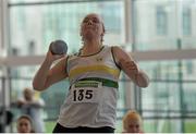 16 March 2014; Shauna Daly, St. Abban's A.C., Co. Laois, competing in the Senior Women's Shot Putt at the Woodie’s DIY Indoor Track and Field League Final. Athlone Institute of Technology International Arena, Athlone, Co. Westmeath. Photo by Sportsfile