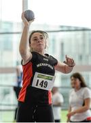 16 March 2014; Katie Young, Menapians A.C., Co. Wexford, competing in the Senior Women's Shot Putt at the Woodie’s DIY Indoor Track and Field League Final. Athlone Institute of Technology International Arena, Athlone, Co. Westmeath. Photo by Sportsfile