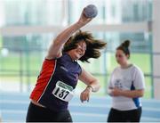16 March 2014; Lisa Dixon, Le Cheile A.C., Co. Kildare, competing in the Senior Women's Shot Putt at the Woodie’s DIY Indoor Track and Field League Final. Athlone Institute of Technology International Arena, Athlone, Co. Westmeath. Photo by Sportsfile