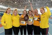 16 March 2014; Leevale A.C., Co. Cork, who won the Women's League at the Woodie’s DIY Indoor Track and Field League Final. Pictured are, from left, Claire McSweeney, Jessica Neville, Louise Shanahan, Shona Lowe, Lorraine Carr and Jane Pennyfeather. Athlone Institute of Technology International Arena, Athlone, Co. Westmeath. Photo by Sportsfile