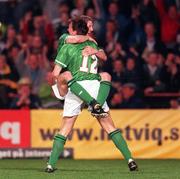 28 April 1999; Graham Kavanagh of Republic of Ireland celebrates after scoring his sides first goal with team-mate Tony Cascarino, 12, during the International friendly match between Republic of Ireland and Sweden at Lansdowne Road in Dublin. Photo by David Maher/Sportsfile