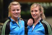 19 March 2014; 7 TG4 All Stars who will be competing at the O'Connor Cup which will be hosted by Queen's University, Belfast this weekend. QUB will meet DCU in the O'Connor Cup semi final at 1:30 with UL playing neighbours UCC in the other semi final. Pictured are Caoimhe Mohan, left, DKIT, and Sinead Burke, St Pat's, Drumcondra. 2013 TG4 Ladies Football All-Star Tour, Hong Kong, China. Picture credit: Brendan Moran / SPORTSFILE