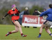 21 March 2014; Ellaine Scally, University College Cork, has her goal bound shot saved by Lisa Crowley, University of Limerick. O'Connor Cup, Semi-Final, University of Limerick v University College Cork. Queen's University, Belfast, Co. Antrim. Picture credit: Oliver McVeigh / SPORTSFILE