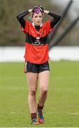 21 March 2014; A dejected Elaine Scally, University College Cork after the game. O'Connor Cup, Semi-Final, University of Limerick v University College Cork. Queen's University, Belfast, Co. Antrim. Picture credit: Oliver McVeigh / SPORTSFILE